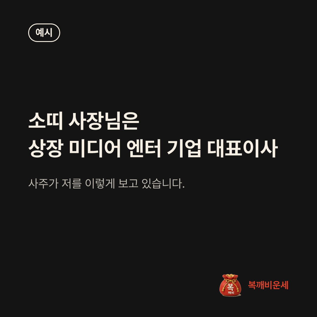 예시 카드 — 소띠 사장님은 상장 미디어 엔터 기업 대표이사
