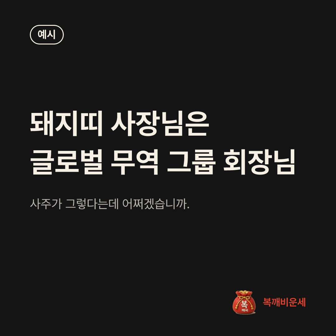 예시 카드 — 돼지띠 사장님은 글로벌 무역 그룹 회장님