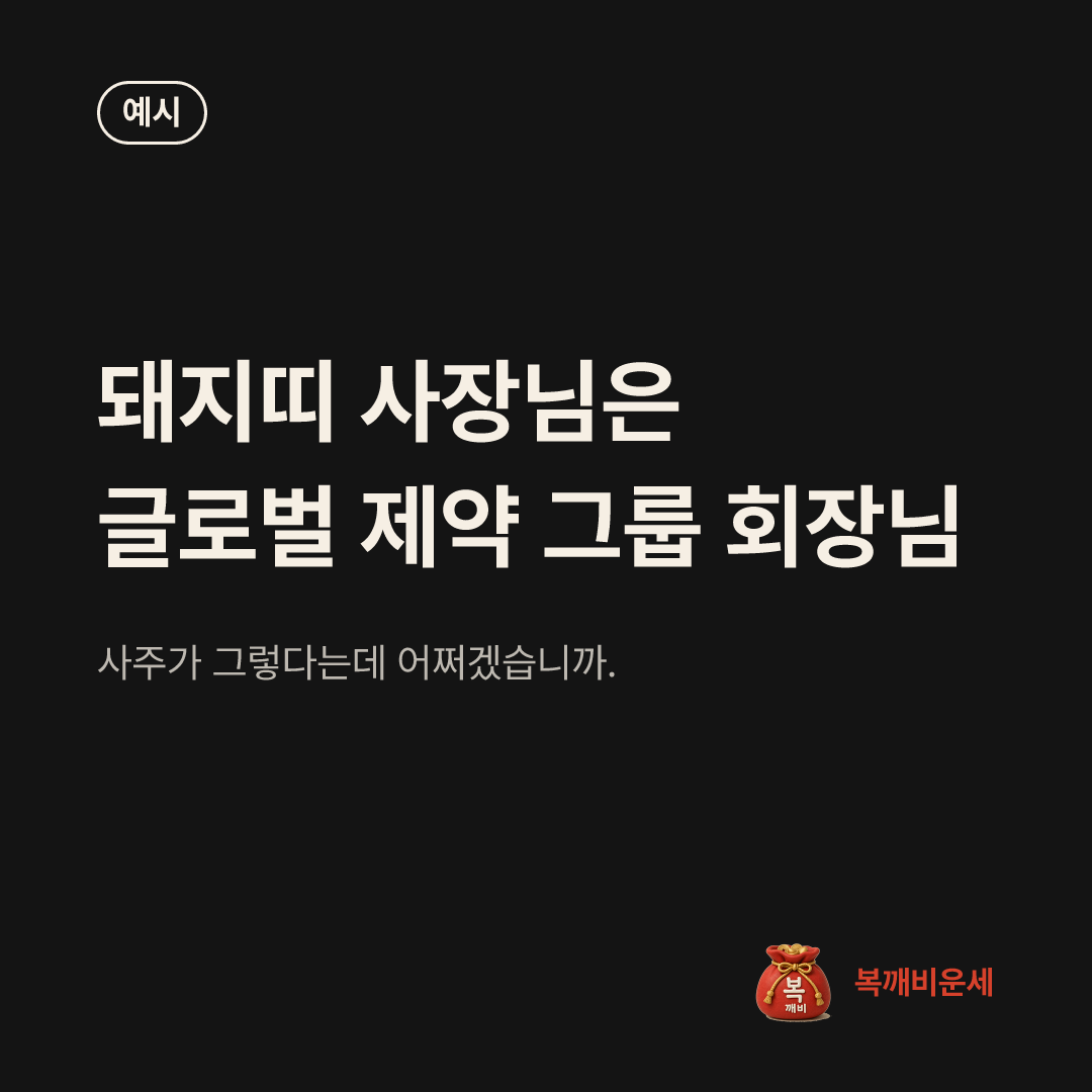 예시 카드 — 돼지띠 사장님은 글로벌 제약 그룹 회장님